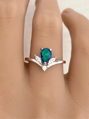 Pear Shape Blue Green Opal Marquise CZ Sterling Silver Unique minimalist Ring